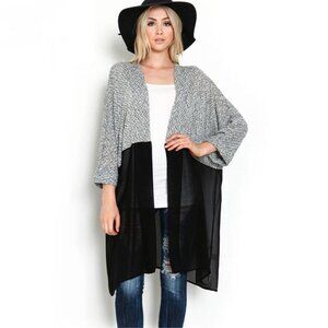Modern Boho Colorblock Knit & Sheer Chiffon Kimono Cardigan Blouse Jacket